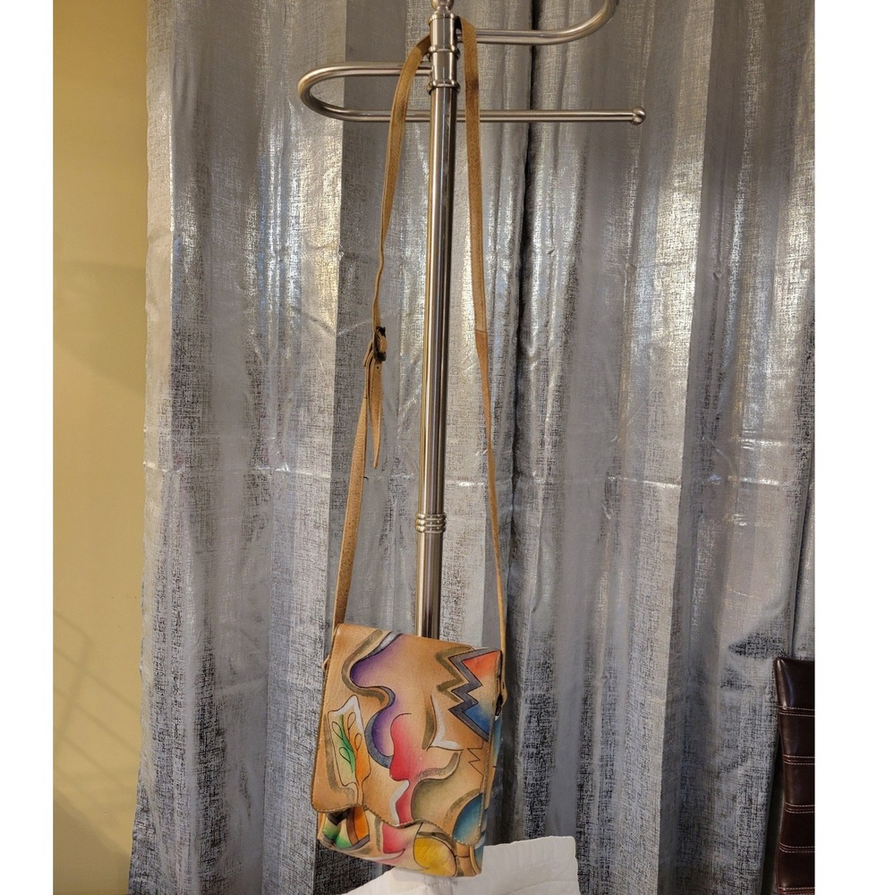 VTG Unique Hand Painted Abstract Art Leather‎ Crossbody Purse Tan Strap 70s 80s - Picture 4 of 10